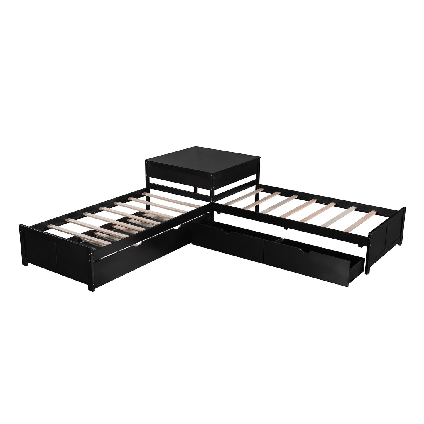 L Shaped Platform Bed With Trundle And Drawers Linked With Built In Desk - The Sleep Loft - Online Mattress Showroom NYC