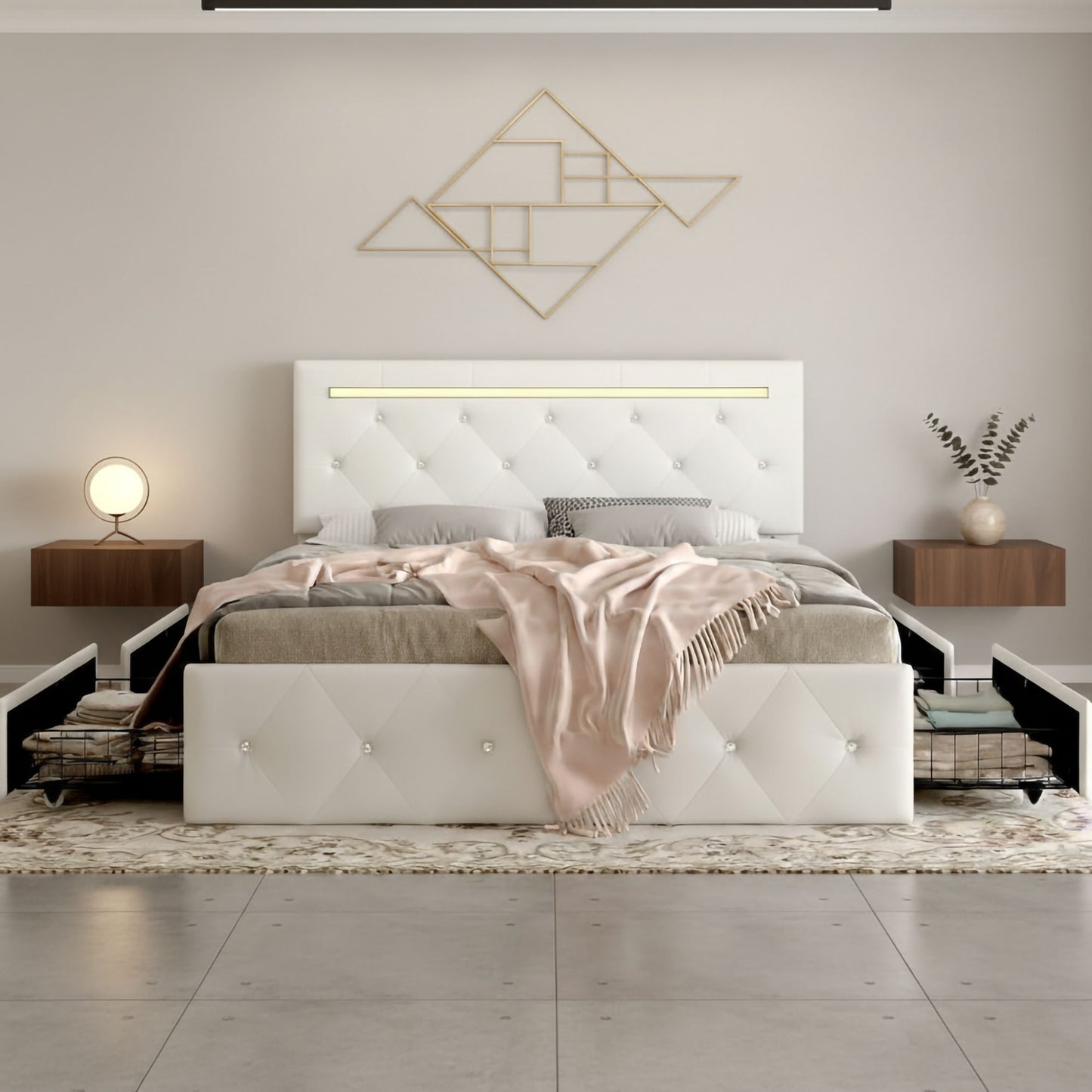 Upholstered Bed Frame With LED Lights, 4 Storage Drawers, Charging Station - The Sleep Loft - Online Mattress Showroom NYC