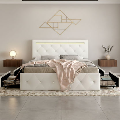 Upholstered Bed Frame With LED Lights, 4 Storage Drawers, Charging Station - The Sleep Loft - Online Mattress Showroom NYC