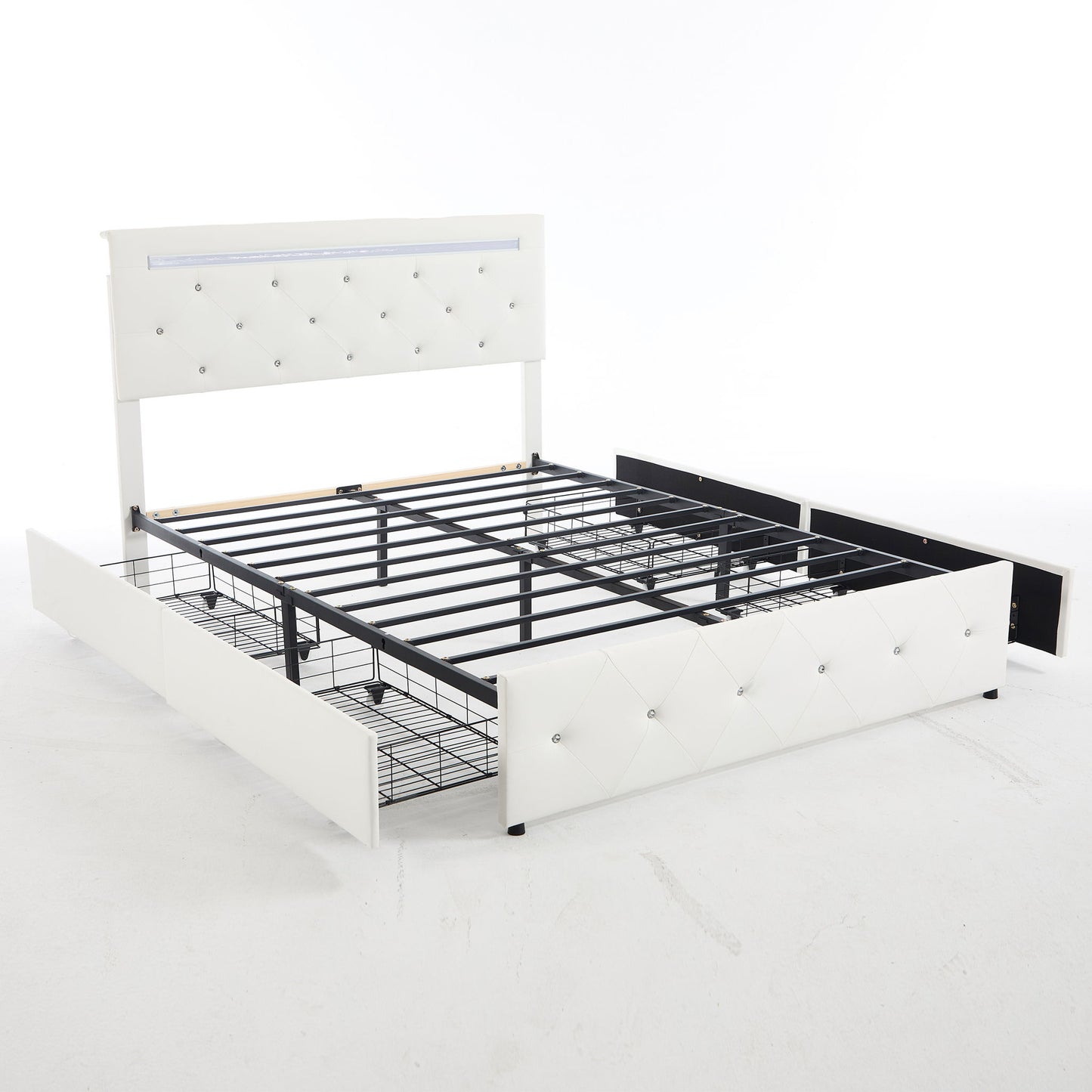 Upholstered Bed Frame With LED Lights, 4 Storage Drawers, Charging Station - The Sleep Loft - Online Mattress Showroom NYC