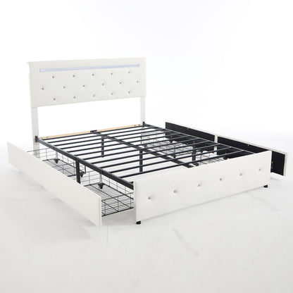 Upholstered Bed Frame With LED Lights, 4 Storage Drawers, Charging Station - The Sleep Loft - Online Mattress Showroom NYC
