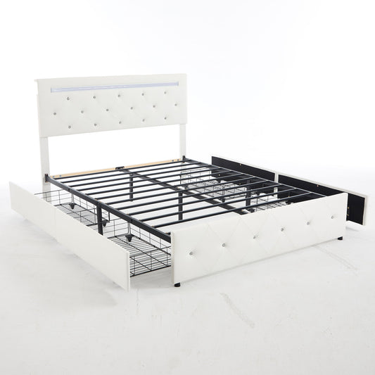 Upholstered Bed Frame With LED Lights, 4 Storage Drawers, Charging Station - The Sleep Loft - Online Mattress Showroom NYC