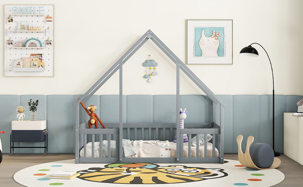 Wood House-Shaped Floor Bed With Fence, Guardrails - The Sleep Loft - Online Mattress Showroom NYC
