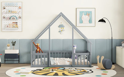 Wood House-Shaped Floor Bed With Fence, Guardrails - The Sleep Loft - Online Mattress Showroom NYC