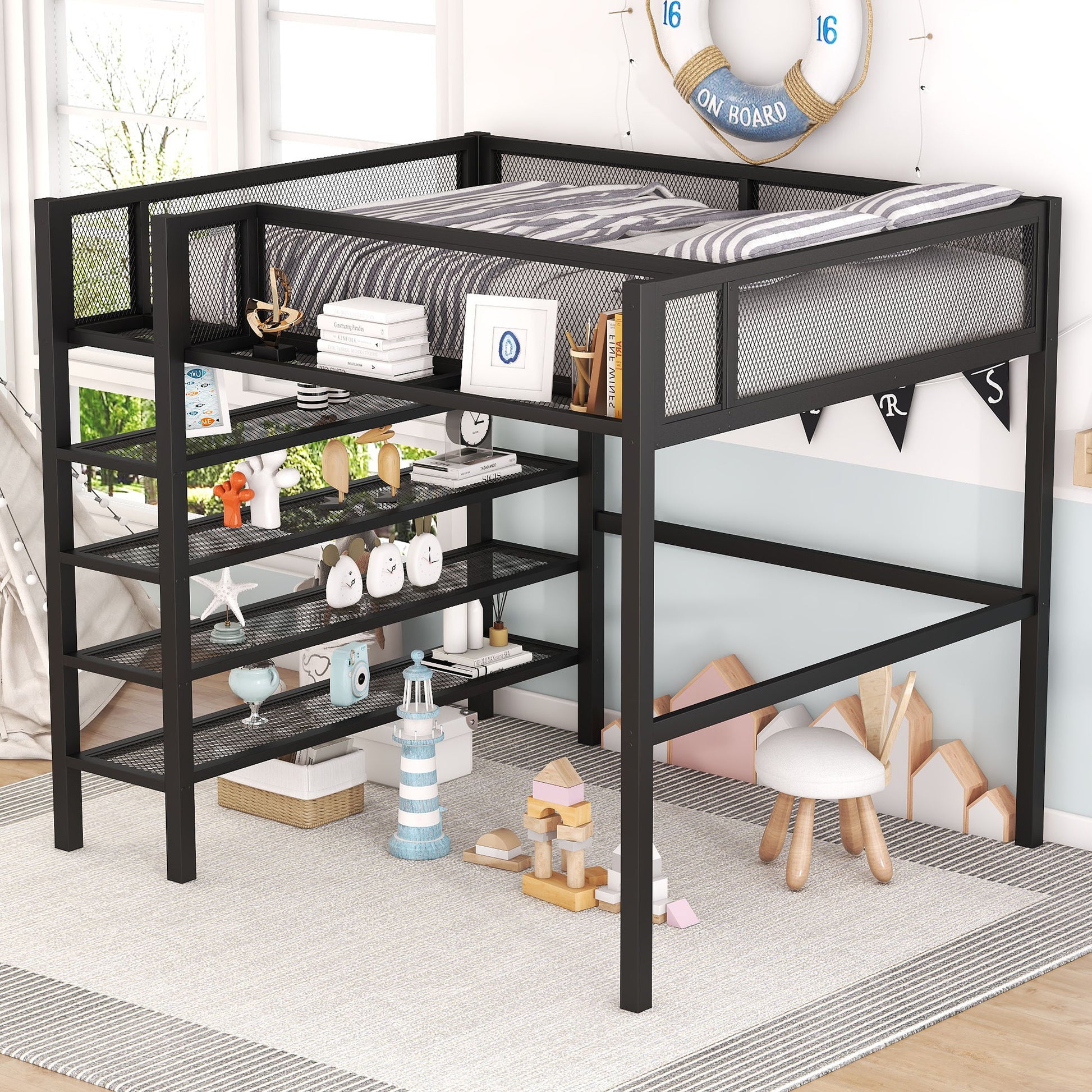 Loft Bed With 4 Tier Shelves And Storage - The Sleep Loft - Online Mattress Showroom NYC