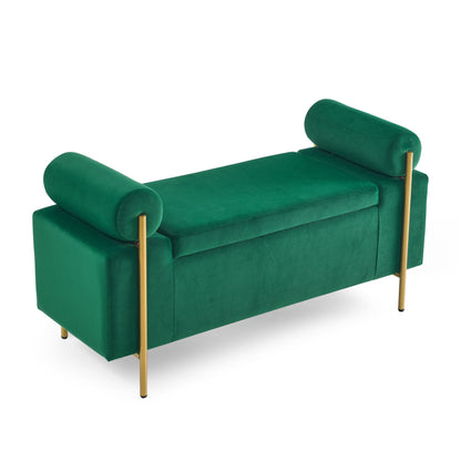 Elegant Upholstered Storage Bench With Cylindrical Arms And Iron Legs, - The Sleep Loft - Online Mattress Showroom NYC