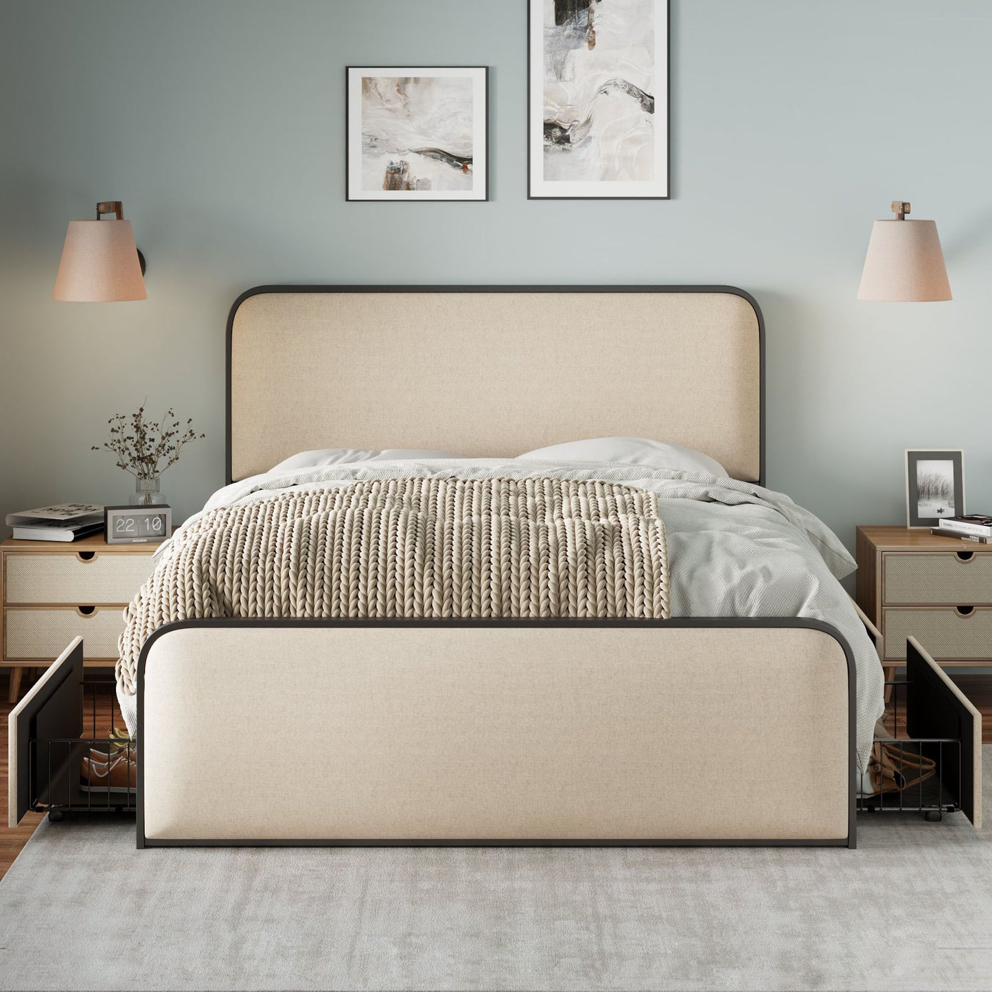 Modern Bed With Curved Upholstered Headboard And Footboard, Heavy Duty Metal Slats - The Sleep Loft - Online Mattress Showroom NYC