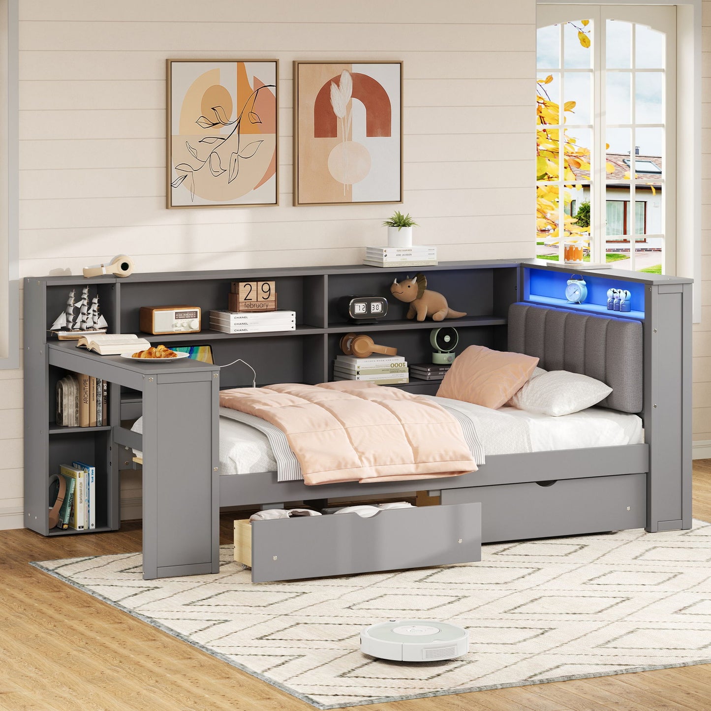 Platform Bed With Upholstered Headboard, Storage Shelves, Drawers, Charging Station, LED Lighting, Built In Desk - The Sleep Loft - Online Mattress Showroom NYC