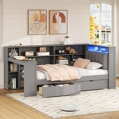 Platform Bed With Upholstered Headboard, Storage Shelves, Drawers, Charging Station, LED Lighting, Built In Desk - The Sleep Loft - Online Mattress Showroom NYC