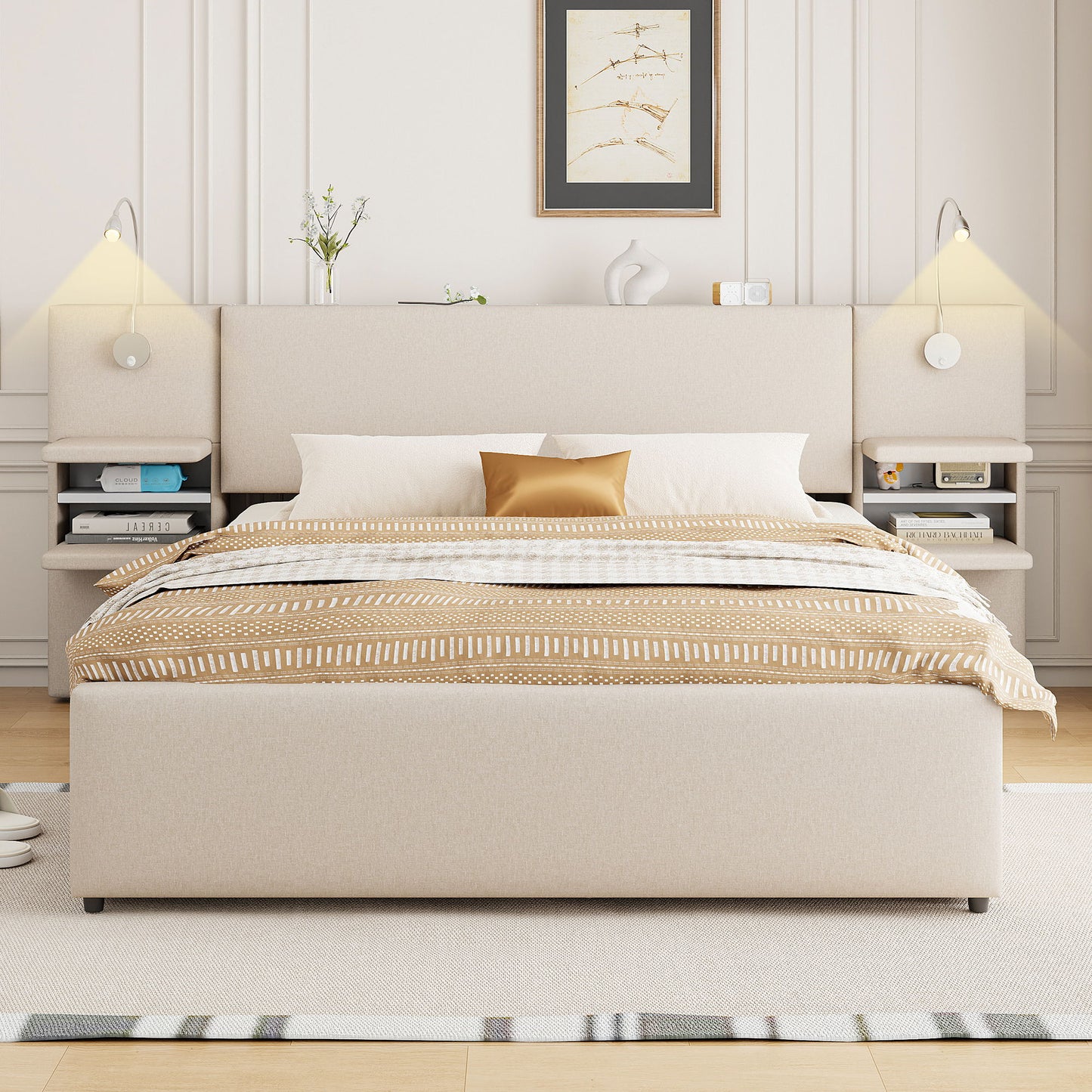 Upholstered Platform Bed With Reading Lights, Drawers, Trundle And Shelves - The Sleep Loft - Online Mattress Showroom NYC