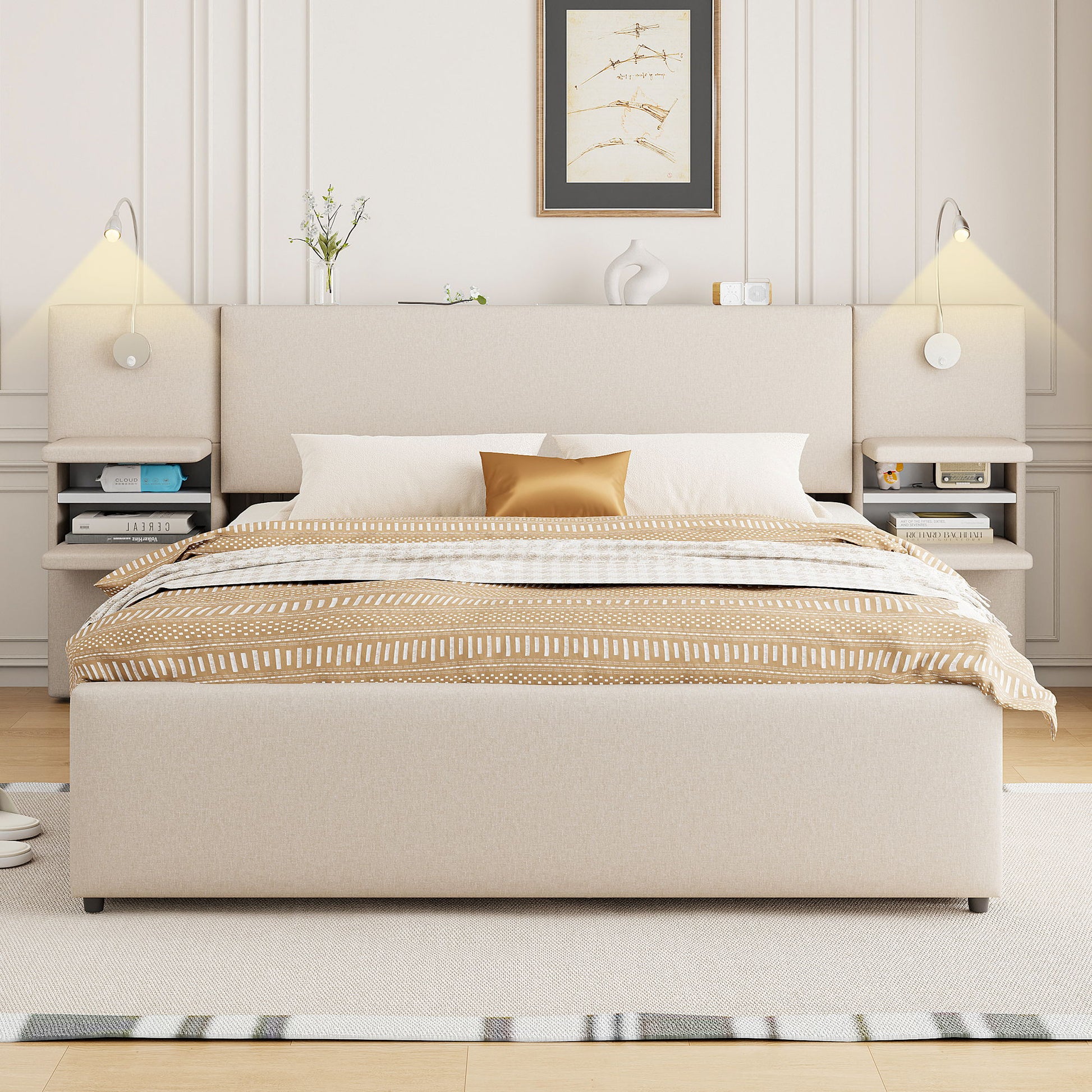 Upholstered Platform Bed With Reading Lights, Drawers, Trundle And Shelves - The Sleep Loft - Online Mattress Showroom NYC
