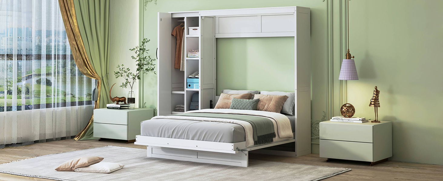 Murphy Wall Bed With Shelves, Wardrobe And LED Lights - The Sleep Loft - Online Mattress Showroom NYC