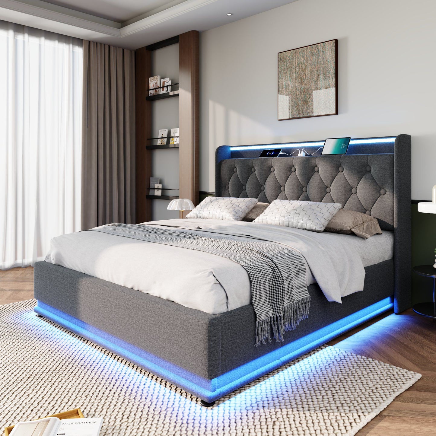 Upholstered Bed, 360 Surround LED Function, Remote Control, Hydraulic Storage Bed With USB, Type-C Charging (Without Mattress) - The Sleep Loft - Online Mattress Showroom NYC