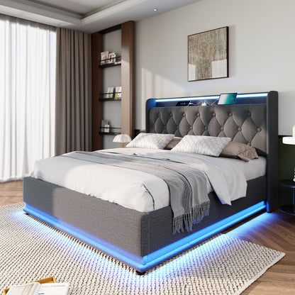 Upholstered Bed, 360 Surround LED Function, Remote Control, Hydraulic Storage Bed With USB, Type-C Charging (Without Mattress) - The Sleep Loft - Online Mattress Showroom NYC