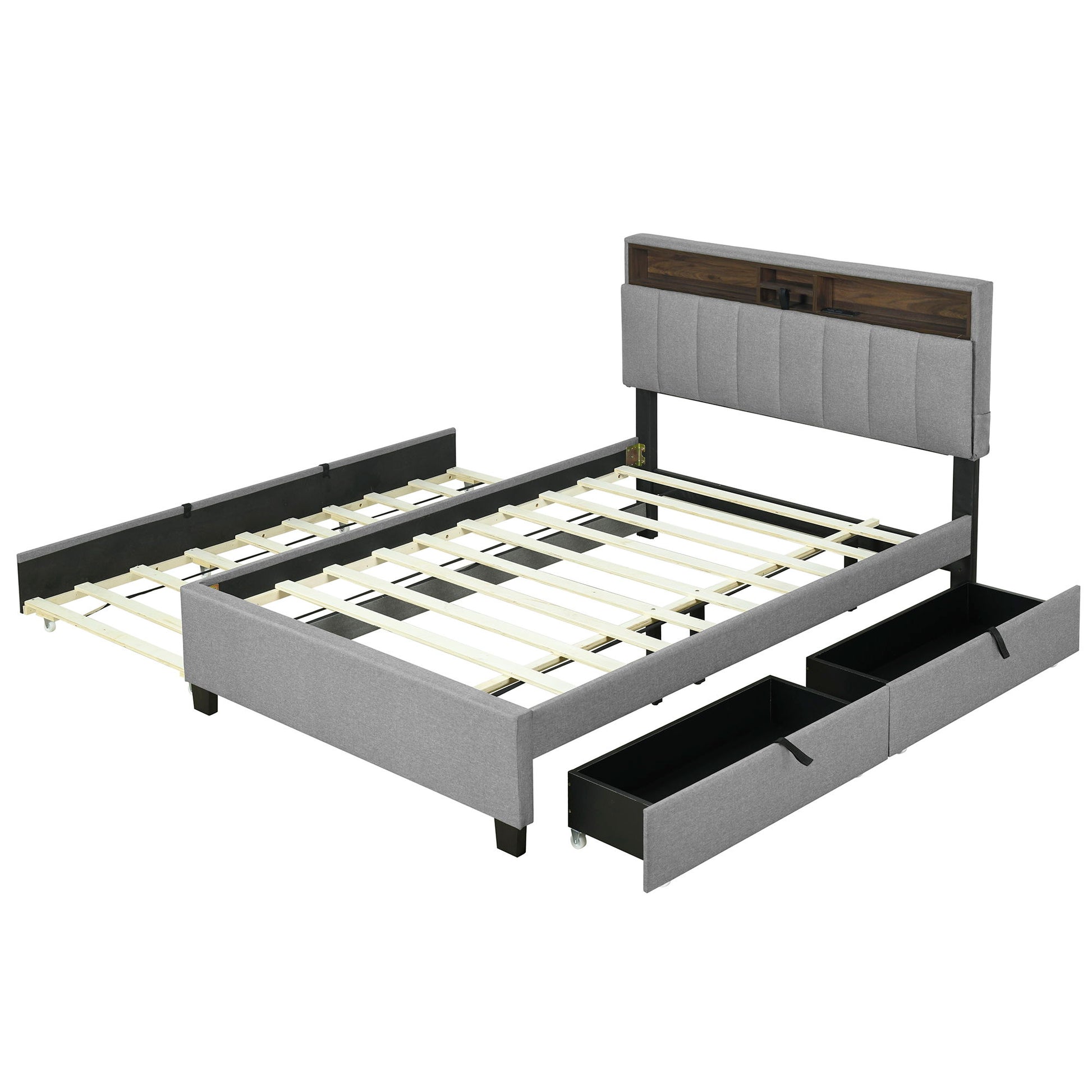 Upholstered Platform Bed With Storage Headboard, Trundle & 2 Drawers And A Set Of Sockets & USB Ports - The Sleep Loft - Online Mattress Showroom NYC