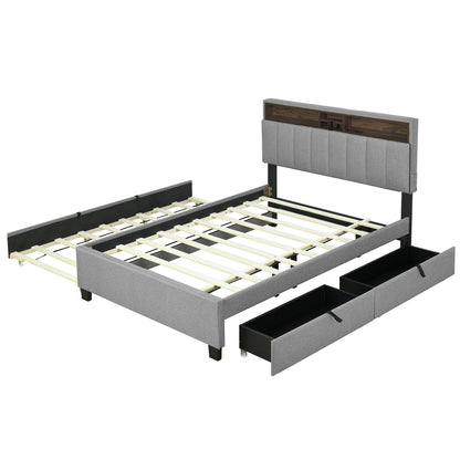 Upholstered Platform Bed With Storage Headboard, Trundle & 2 Drawers And A Set Of Sockets & USB Ports - The Sleep Loft - Online Mattress Showroom NYC