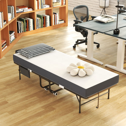 Twin Folding Bed With Adjustable Headboard & Memory Foam, Space Saving Rollaway Guest For Tall People, Portable On Wheels, Easy Assembly - Black - The Sleep Loft - Online Mattress Showroom NYC