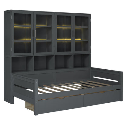 Daybed With Glass Door Storage Cabinets, Built In LED Lighting And Shelves - The Sleep Loft - Online Mattress Showroom NYC