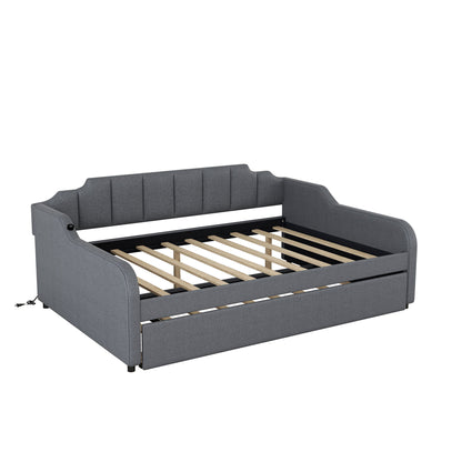 Full Size Upholstered Daybed With Trundle And USB Charging - Gray - The Sleep Loft - Online Mattress Showroom NYC