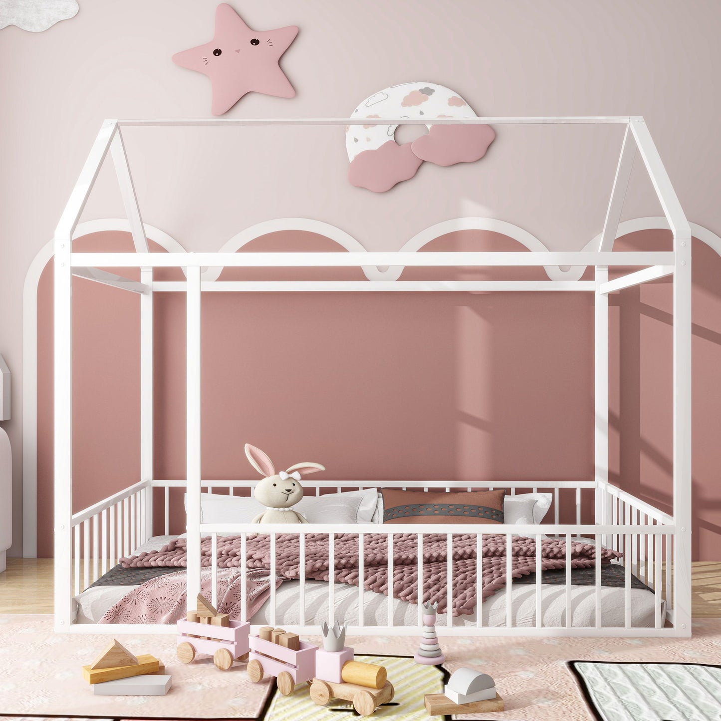 Metal Bed House Bed Frame With Fence - The Sleep Loft - Online Mattress Showroom NYC