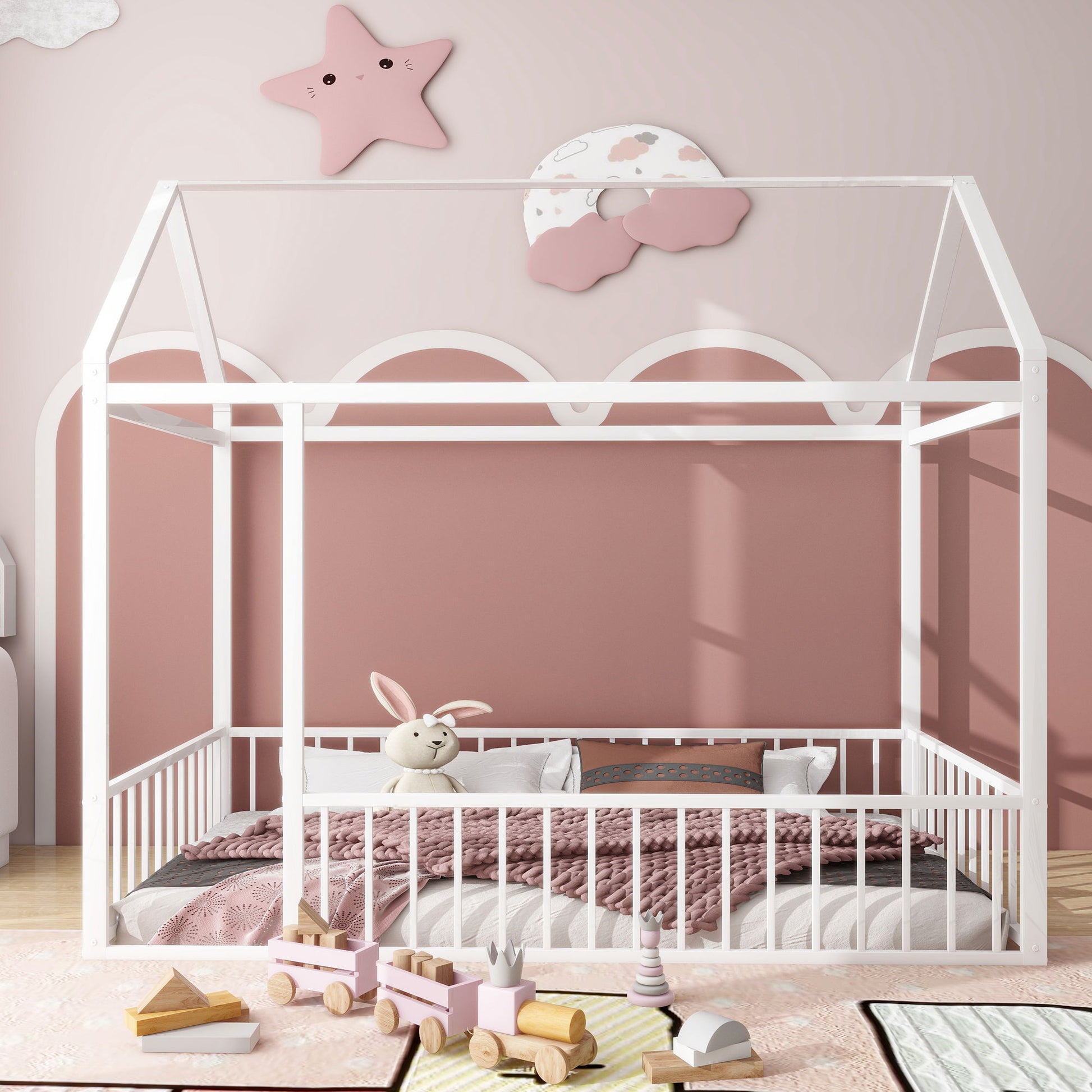 Metal Bed House Bed Frame With Fence - The Sleep Loft - Online Mattress Showroom NYC