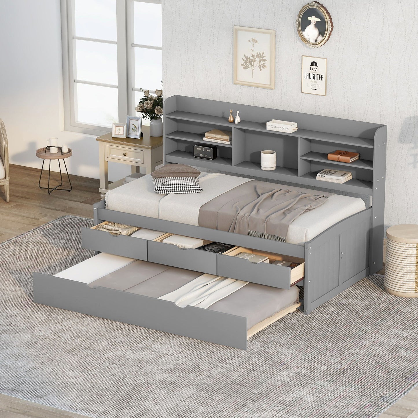 Captain Bed With Built In Bookshelves, 3 Storage Drawers, And Trundle - The Sleep Loft - Online Mattress Showroom NYC