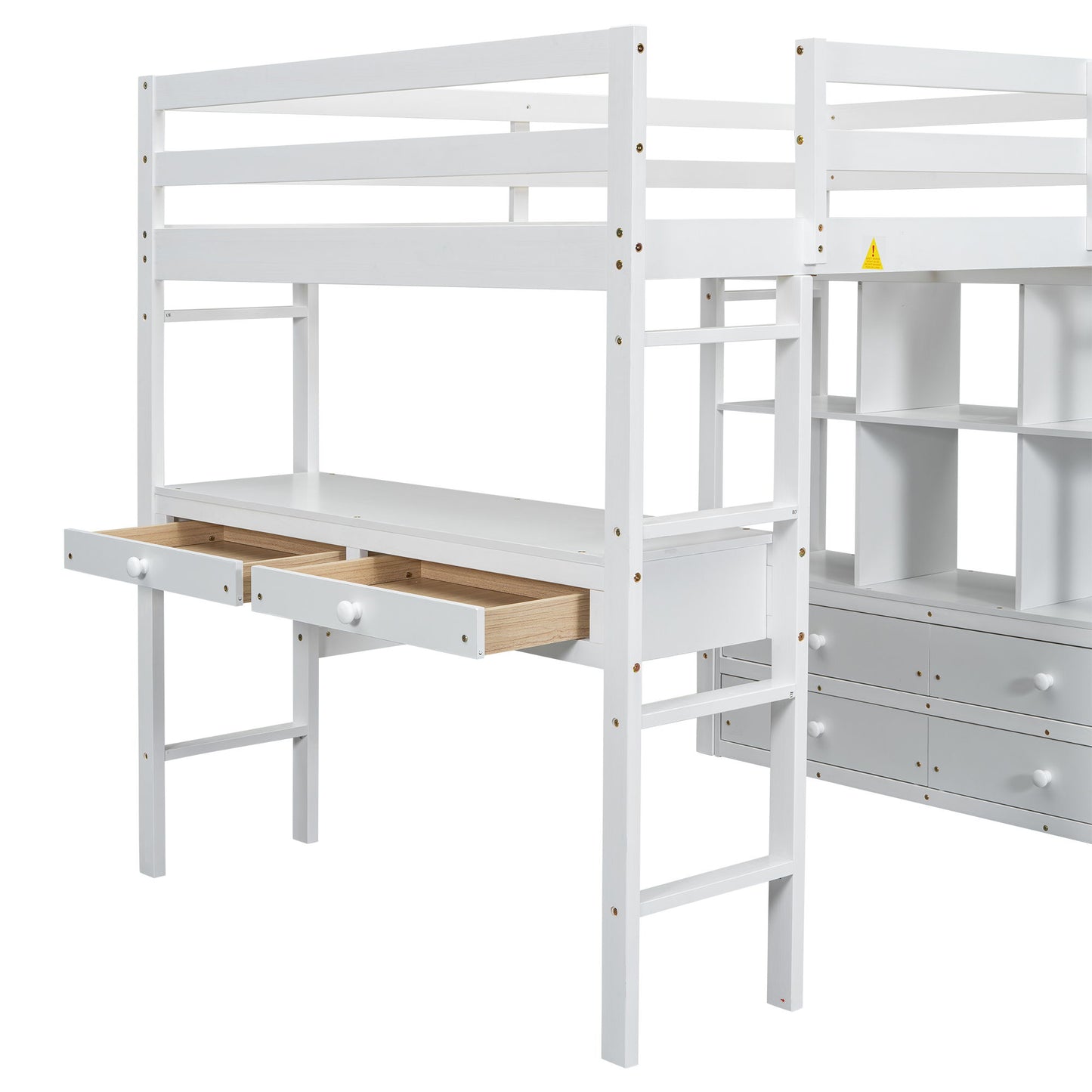 Full Size Loft Bed With Built In Desk, 2 Drawers, Storage Shelves - White - The Sleep Loft - Online Mattress Showroom NYC