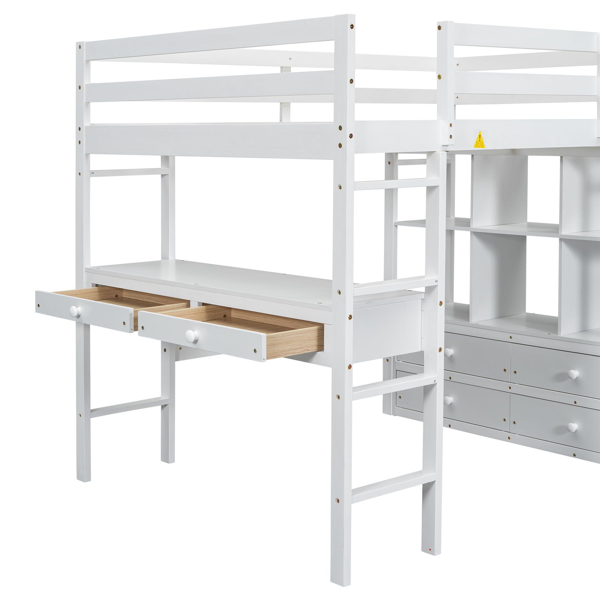 Full Size Loft Bed With Built In Desk, 2 Drawers, Storage Shelves - White - The Sleep Loft - Online Mattress Showroom NYC