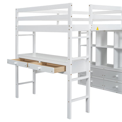 Full Size Loft Bed With Built In Desk, 2 Drawers, Storage Shelves - White - The Sleep Loft - Online Mattress Showroom NYC