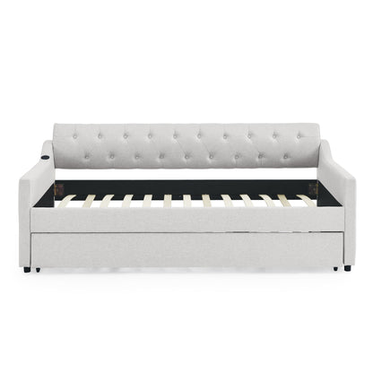 Size Upholstered Daybed With Trundle And USB Charging Armrest - The Sleep Loft - Online Mattress Showroom NYC