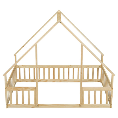 Wood House-Shaped Floor Bed With Fence, Guardrails - The Sleep Loft - Online Mattress Showroom NYC