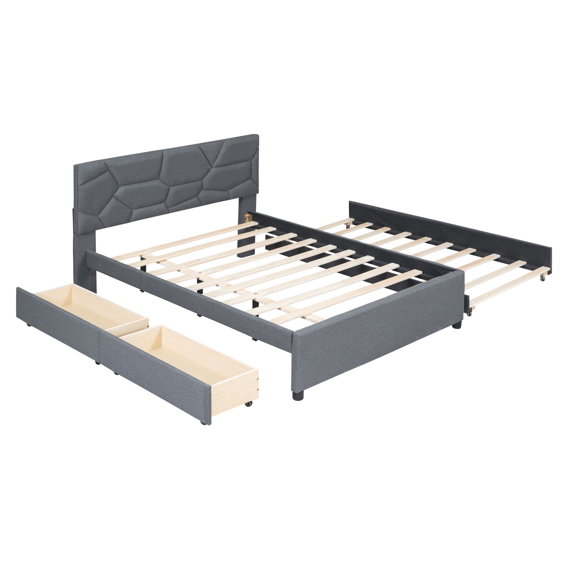 Upholstered Platform Bed With Brick Pattern Headboard And Twin Long Size Trundle - The Sleep Loft - Online Mattress Showroom NYC