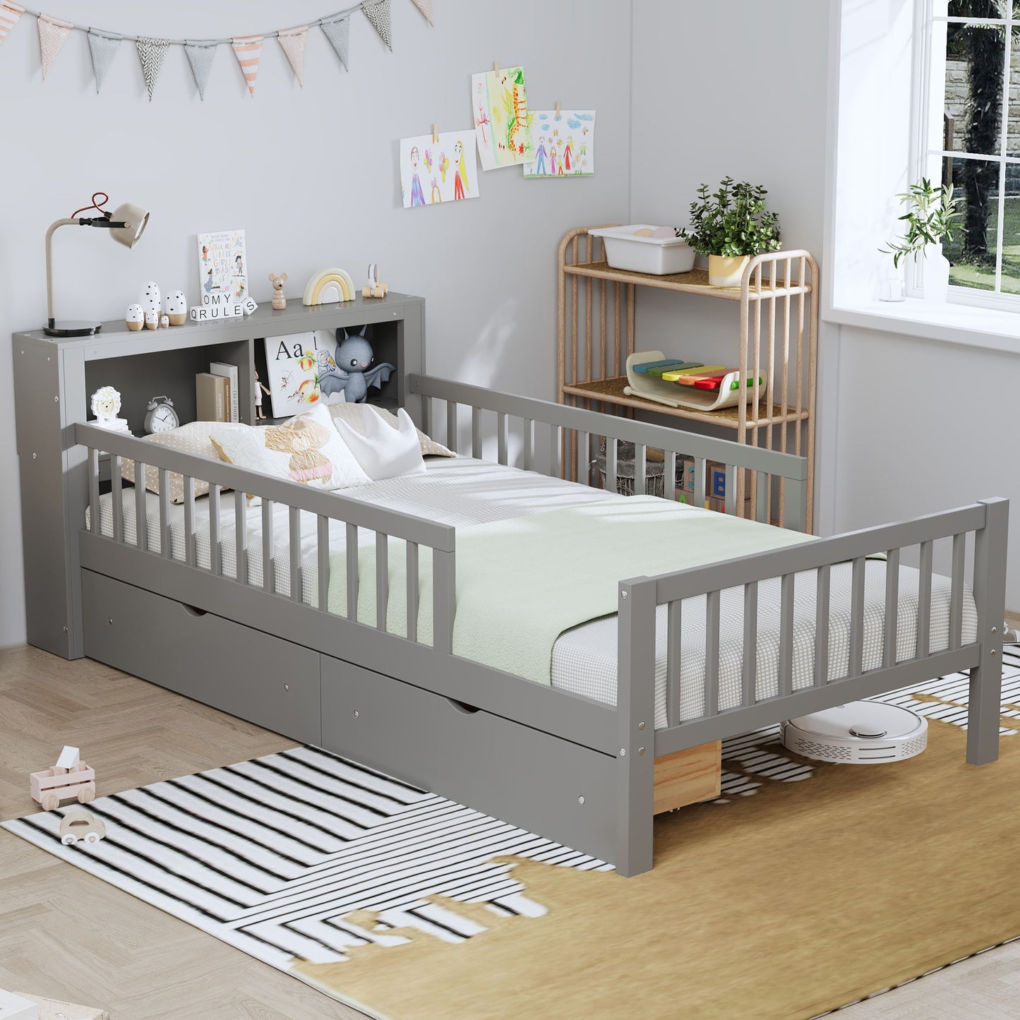 Bed With Headboard Storage Rack, 2 Under Bed Drawers, 3 Side Guardrails For Safety - The Sleep Loft - Online Mattress Showroom NYC