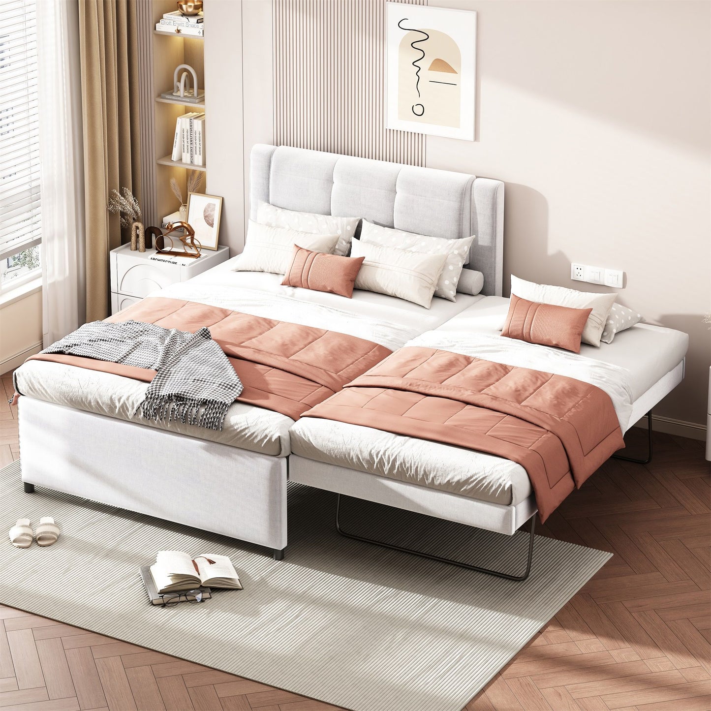 Upholstery Platform Bed With Trundle, Trundle Can Be Flat Or Erected - The Sleep Loft - Online Mattress Showroom NYC