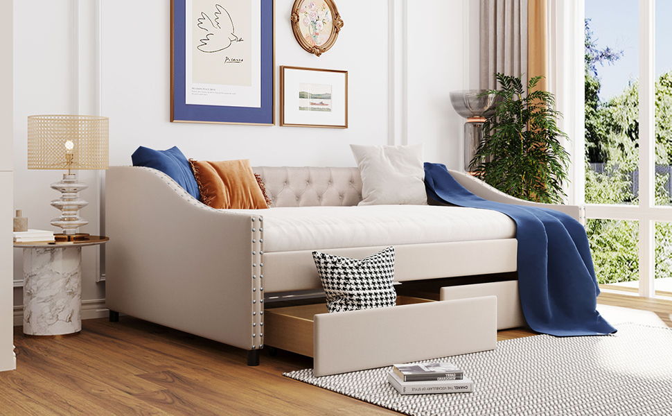 Upholstered Daybed With Two Drawers, Wood Slat Support - The Sleep Loft - Online Mattress Showroom NYC