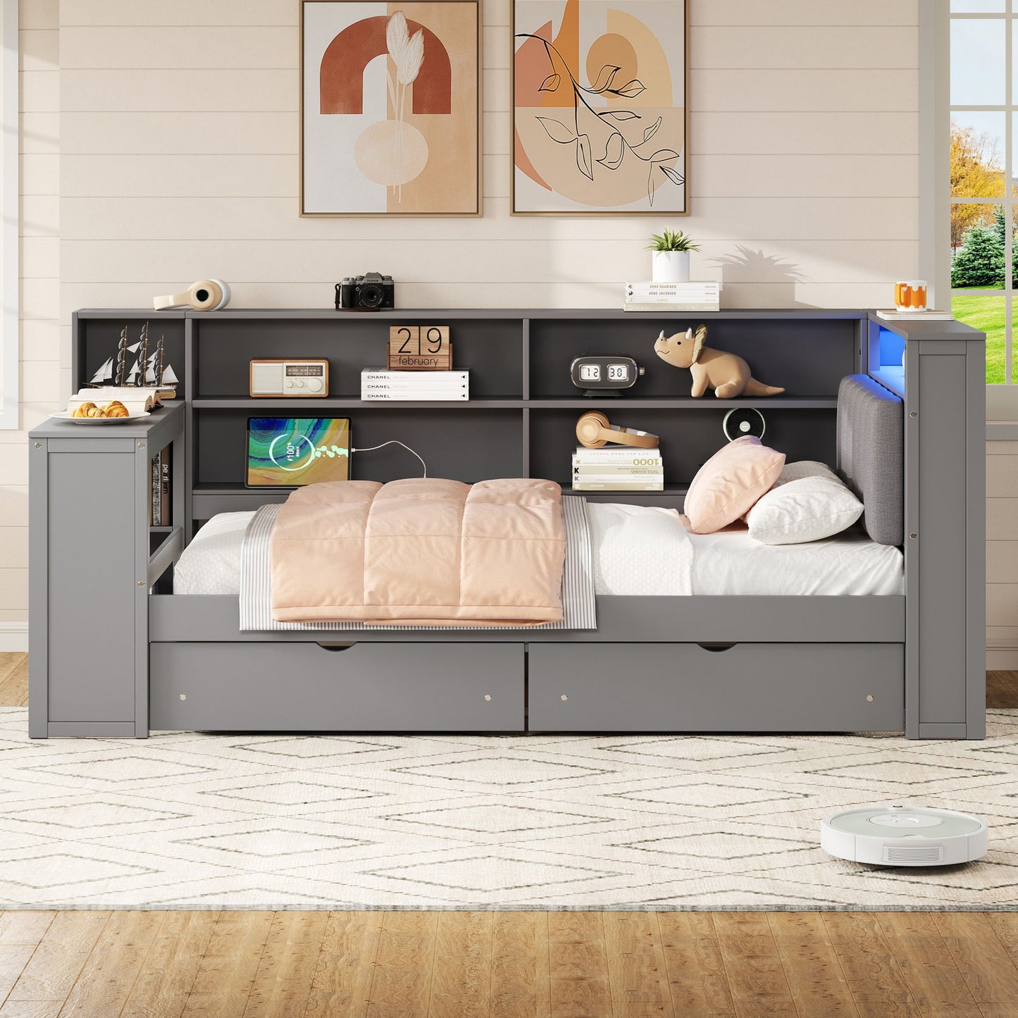 Platform Bed With Upholstered Headboard, Storage Shelves, Drawers, Charging Station, LED Lighting, Built In Desk - The Sleep Loft - Online Mattress Showroom NYC