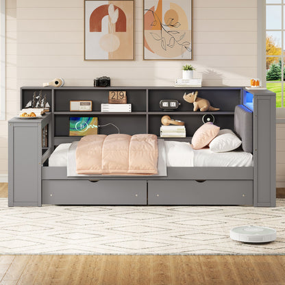Platform Bed With Upholstered Headboard, Storage Shelves, Drawers, Charging Station, LED Lighting, Built In Desk - The Sleep Loft - Online Mattress Showroom NYC