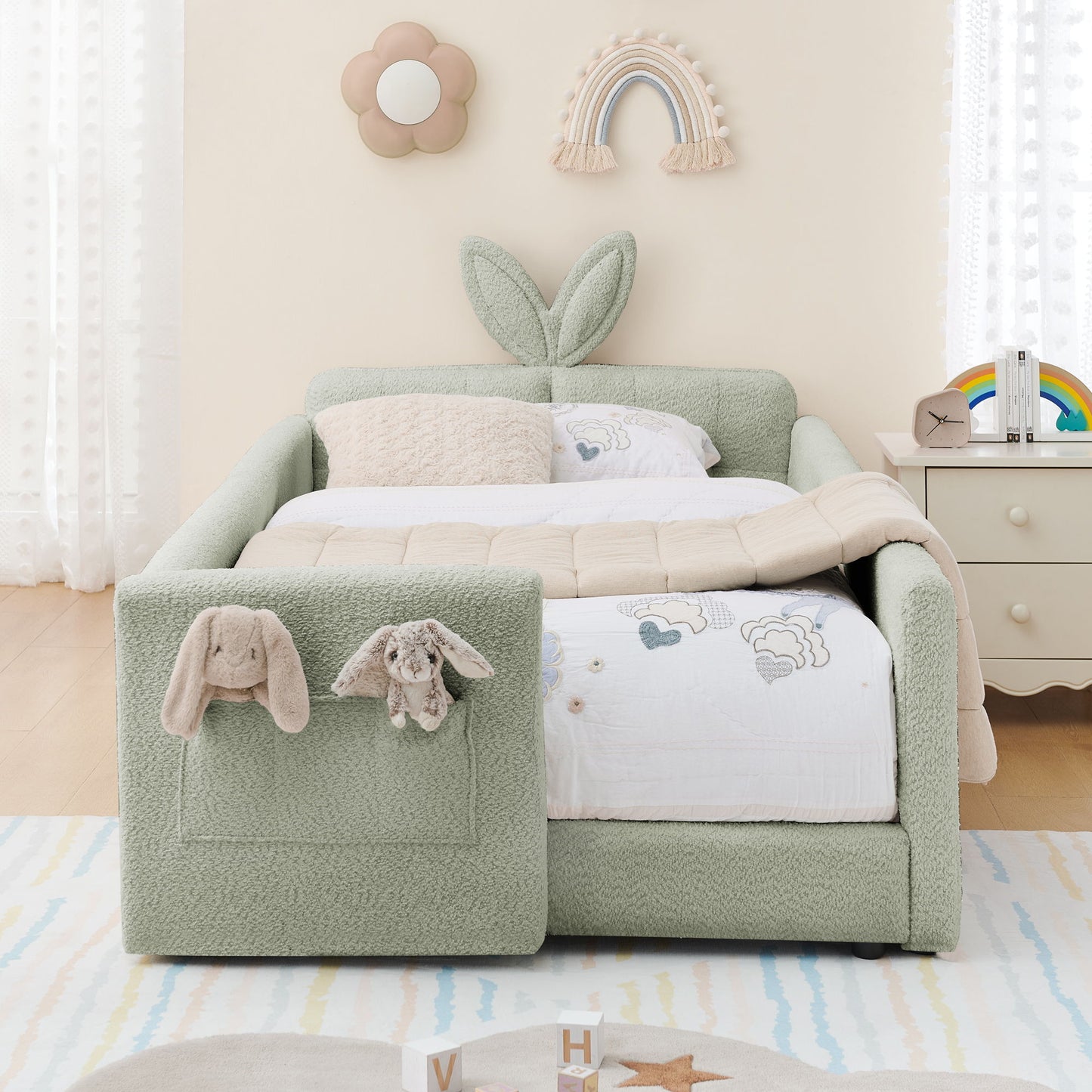 Cute Rabbit Ear Upholstered Platform Bed Frame With Safety Rail - The Sleep Loft - Online Mattress Showroom NYC