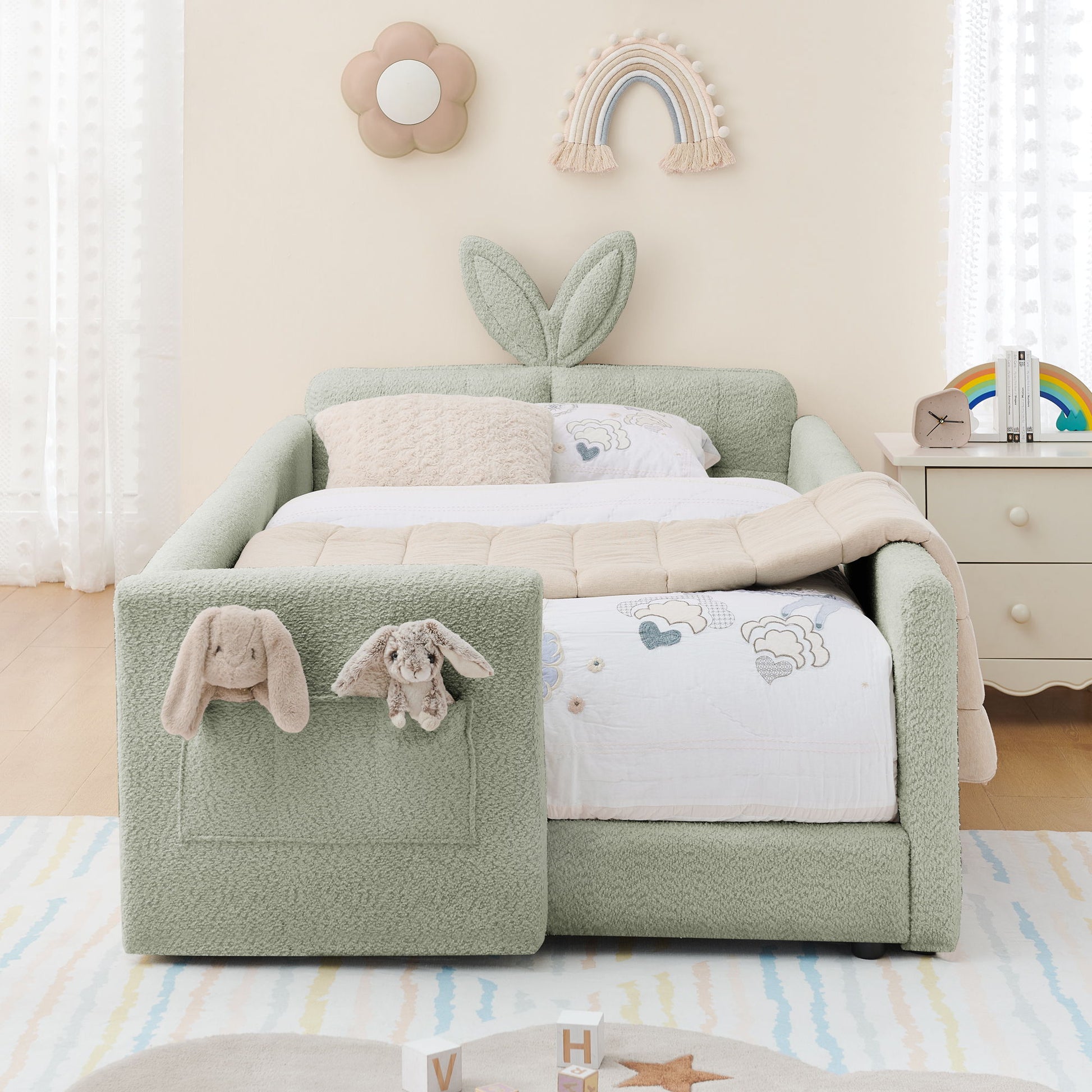 Cute Rabbit Ear Upholstered Platform Bed Frame With Safety Rail - The Sleep Loft - Online Mattress Showroom NYC