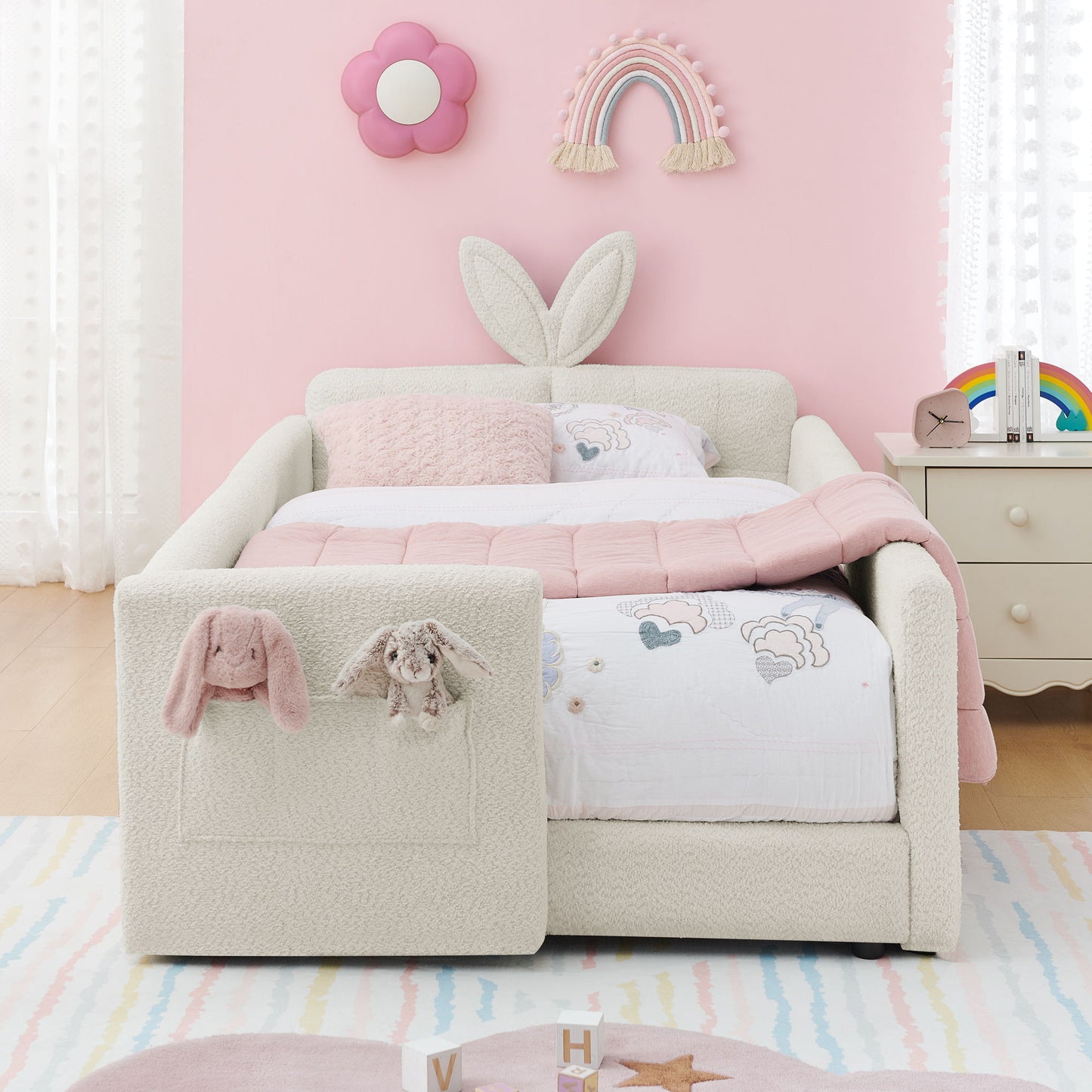 Cute Rabbit Ear Upholstered Platform Bed Frame With Safety Rail - The Sleep Loft - Online Mattress Showroom NYC