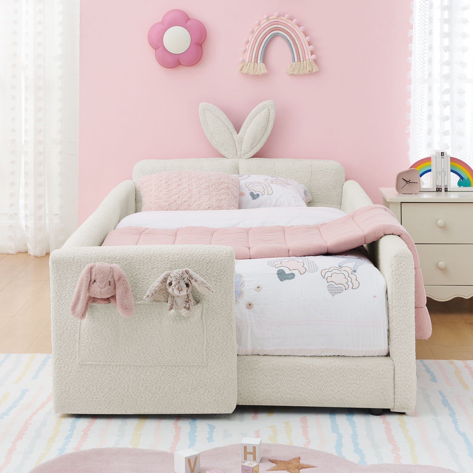 Cute Rabbit Ear Upholstered Platform Bed Frame With Safety Rail - The Sleep Loft - Online Mattress Showroom NYC