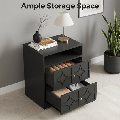 Nightstand With Diamond Carvings Handles, 2 Drawers & Charging Station