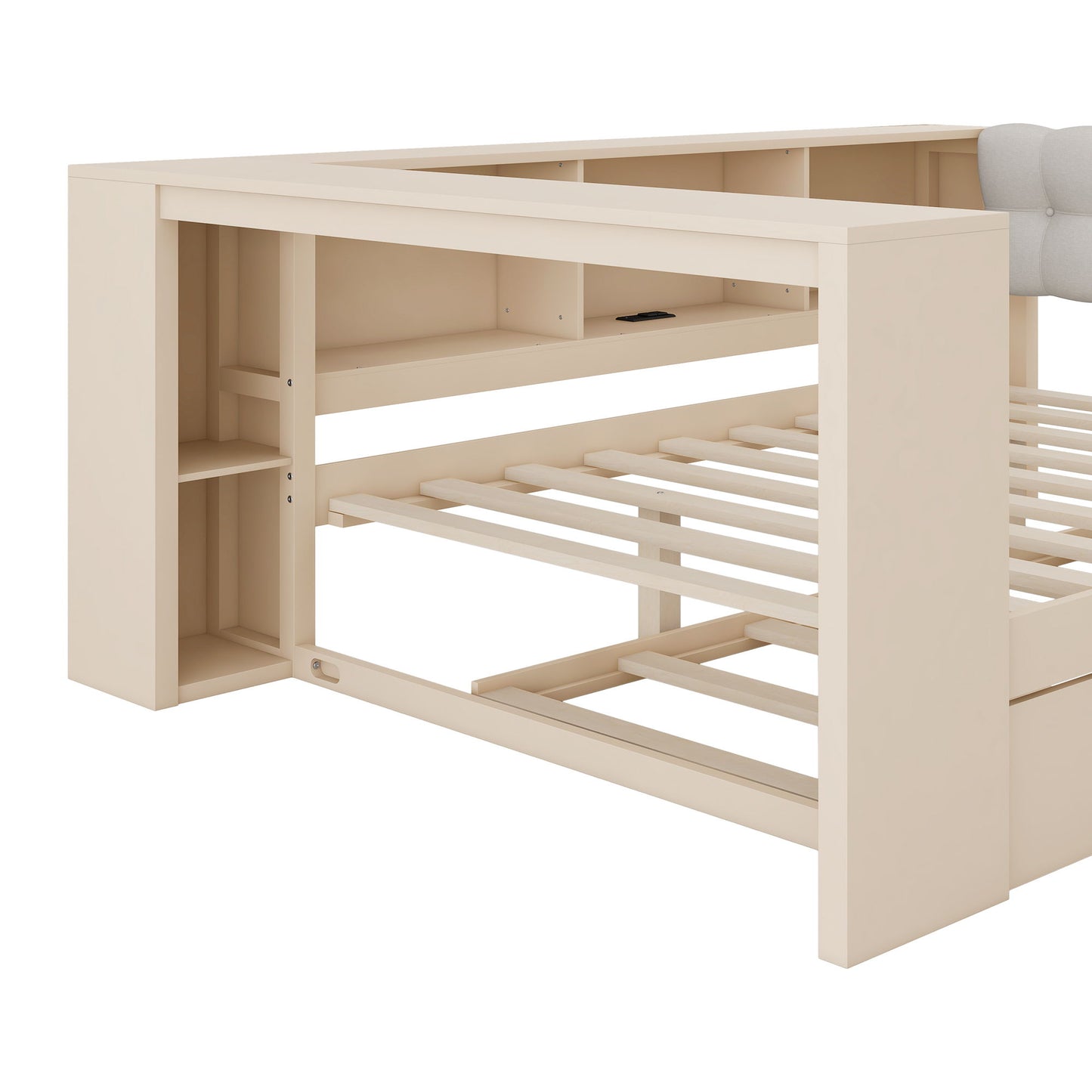 Upholstered Headboard Platform Bed With Storage Shelves, Trundle, Charging Station - The Sleep Loft - Online Mattress Showroom NYC