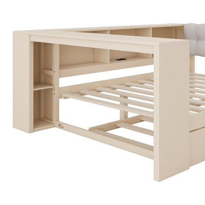 Upholstered Headboard Platform Bed With Storage Shelves, Trundle, Charging Station - The Sleep Loft - Online Mattress Showroom NYC