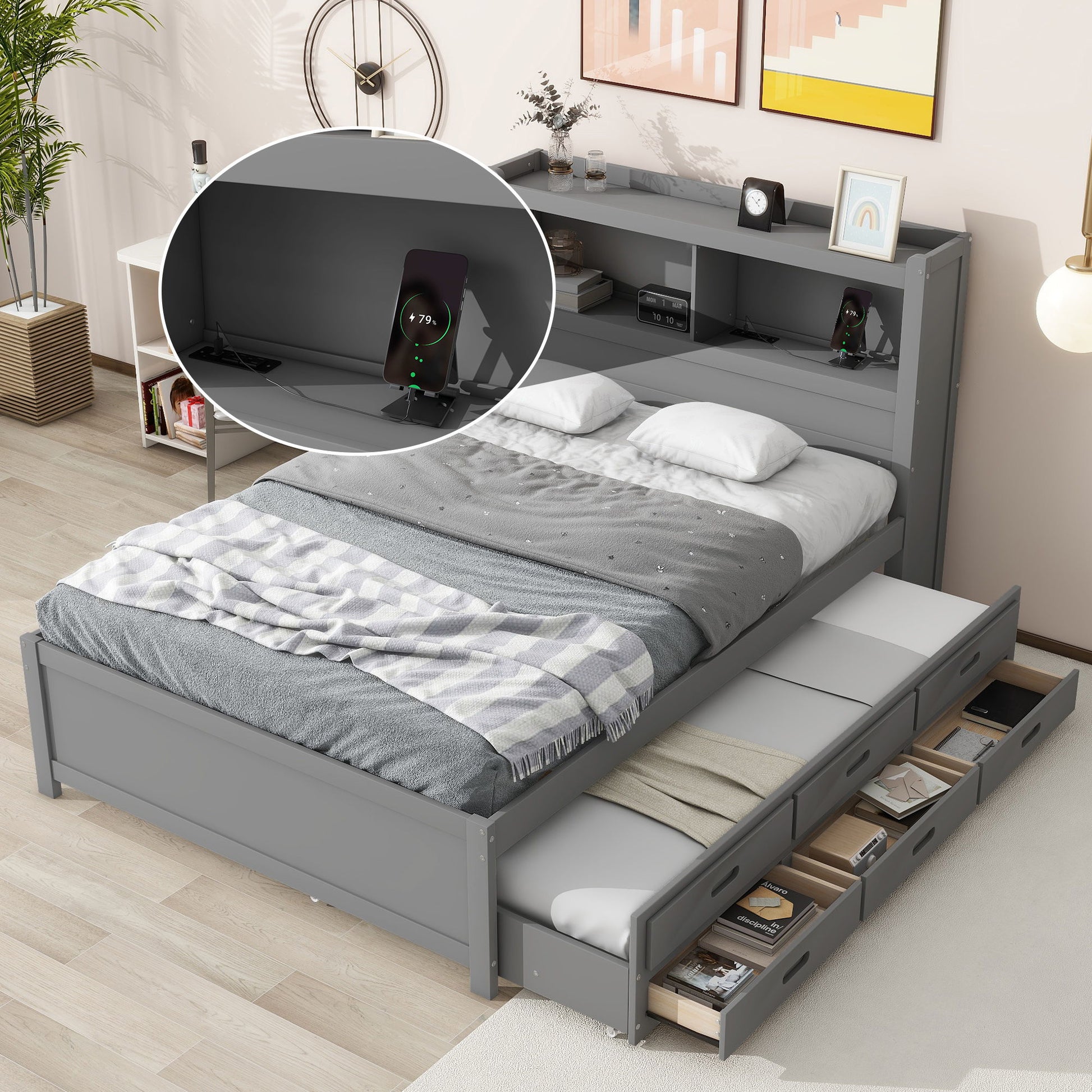 Full Size Platform Bed With Trundle, Drawers, USB Ports And Built In Shelves - Gray - The Sleep Loft - Online Mattress Showroom NYC