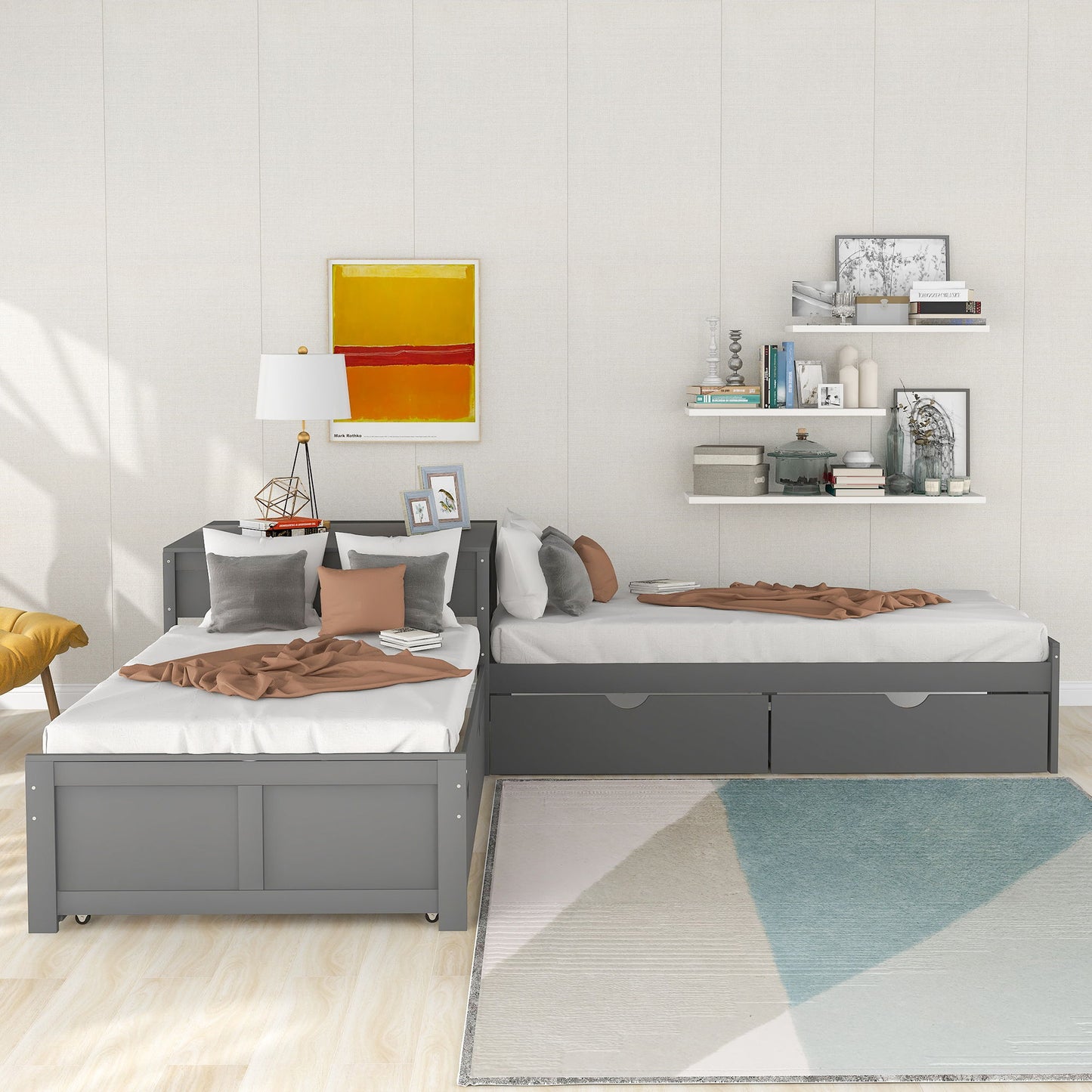 L Shaped Platform Bed With Trundle And Drawers Linked With Built In Desk - The Sleep Loft - Online Mattress Showroom NYC
