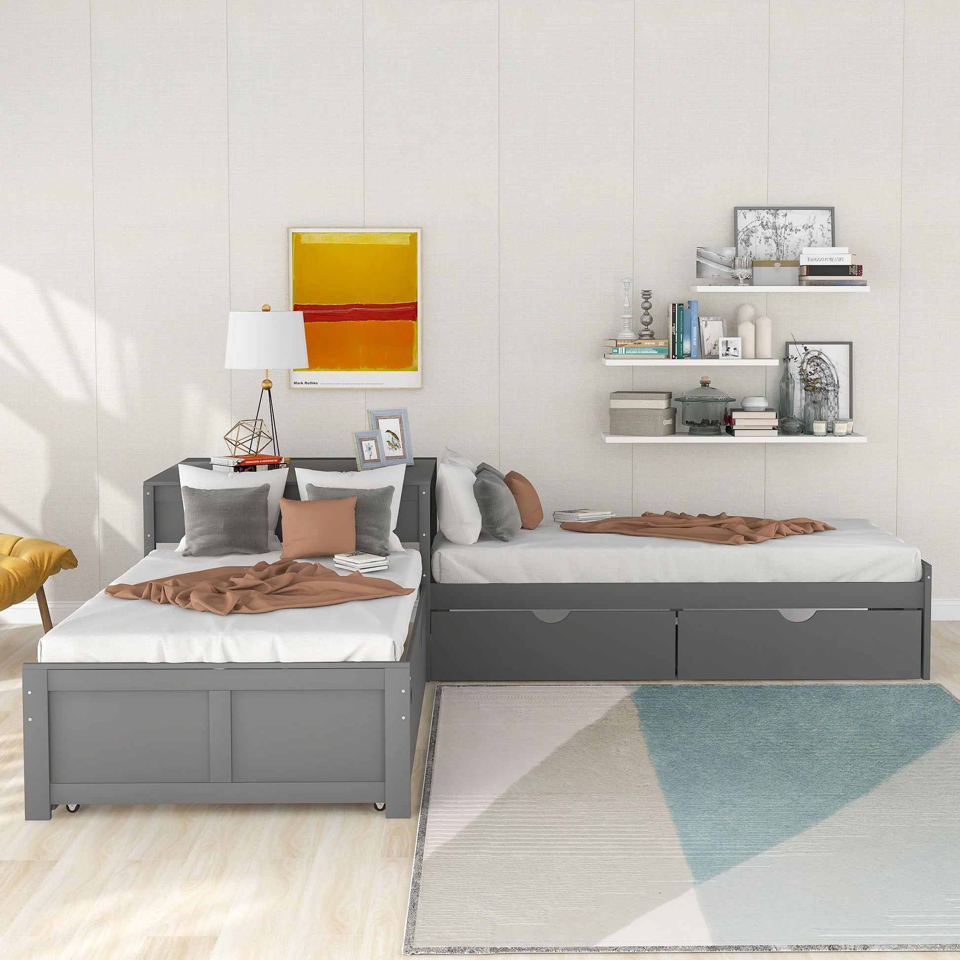 L Shaped Platform Bed With Trundle And Drawers Linked With Built In Desk - The Sleep Loft - Online Mattress Showroom NYC