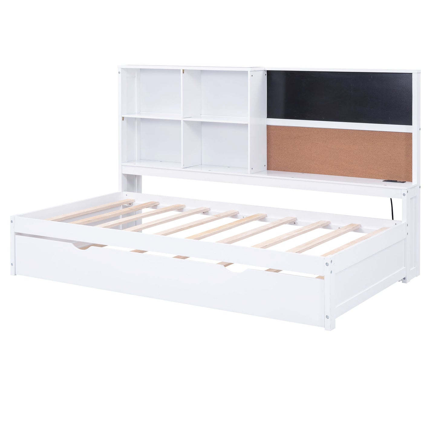 Twin Size Daybed With Storage Shelvesboard, Cork Board, USB Ports And Trundle - White - The Sleep Loft - Online Mattress Showroom NYC
