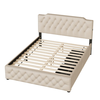 Upholstered Platform Bed With 2 Drawers And 2 Sets Of USB Ports On Each Side, Linen Fabric - The Sleep Loft - Online Mattress Showroom NYC