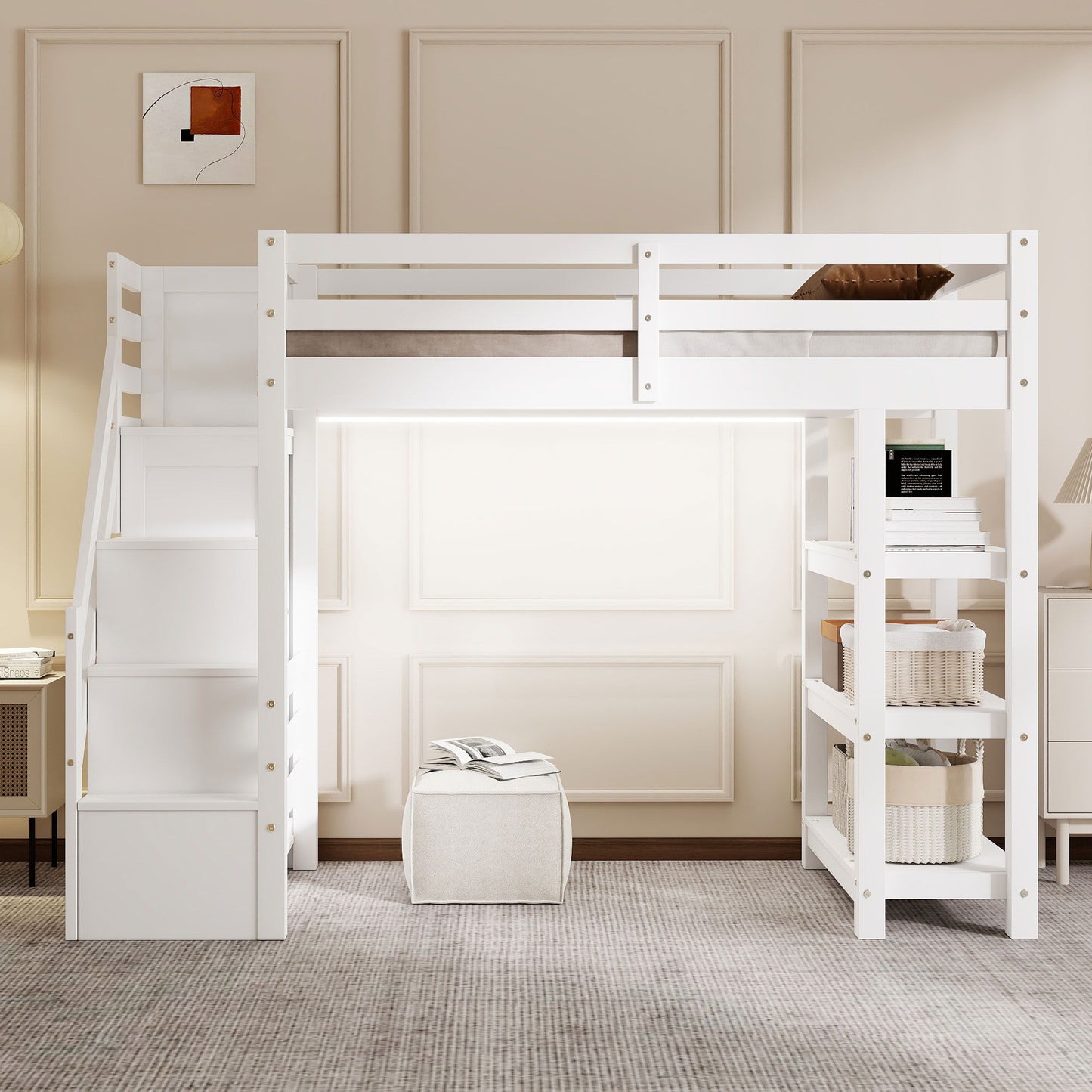 Loft Bed With 4 Layer Shelves, Storage Staircase, Small Wardrobe And LED Light - The Sleep Loft - Online Mattress Showroom NYC